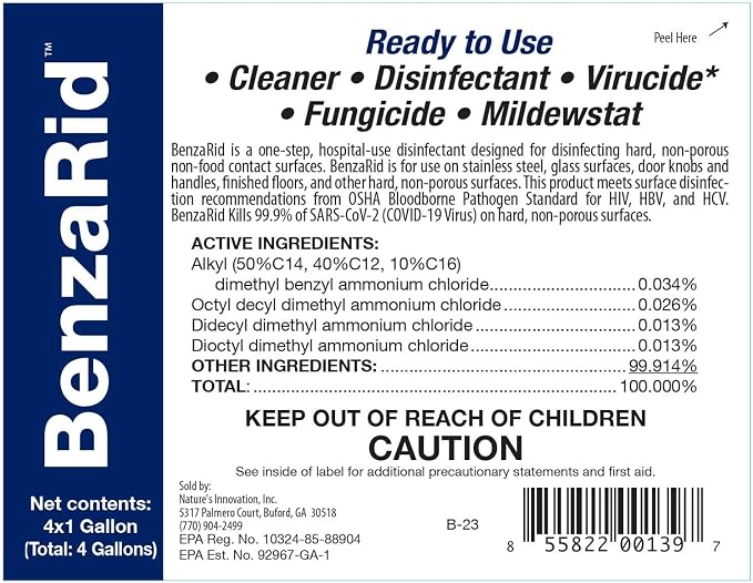 BenzaRid Hospital Disinfectant Sanitizer & Virucide | Kills 99.99% of COVID-19, Avian Flu H1N1,H1N2, H5N1, SARS, Bloodborne Pathogens, Staph, Bacteria & Mold | EPA Reg. | Child & Pet Safe 1 Gal