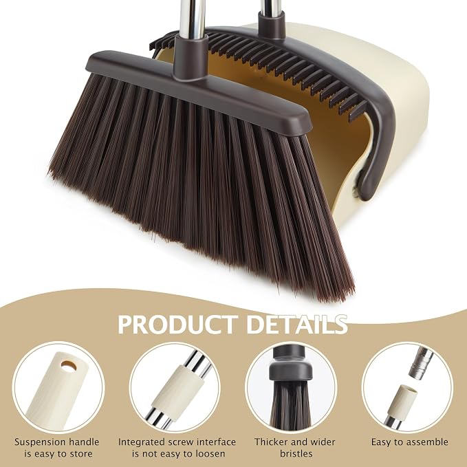 2-Pack Broom and Dustpan Combo Set,51" Long Handle,Beige | Standing Dustpan, Heavy Dust,House Accessories for Home, Kitchen, Office, Pet Hair