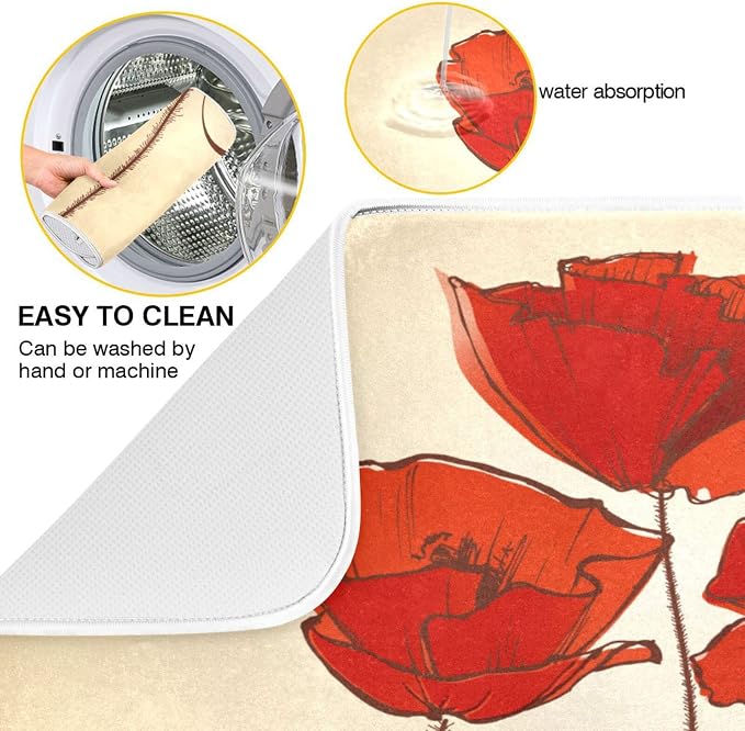 Super Absorbent Dish Drying Mat, Microfiber Fast-Drying Dish Mat, 24" x 18", Kitchen Dish Drying Pad, Red Poppy Flowers Retro