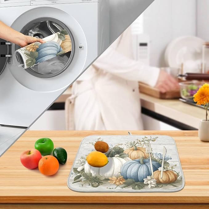 Fall Blue Orange Grey Pumpkin Thanksgiving Dish Drying Mat for Kitchen Counter Absorbent Microfiber Small Drying Pad Dish Mats for Kitchen Countertops 16 x 18 Inch