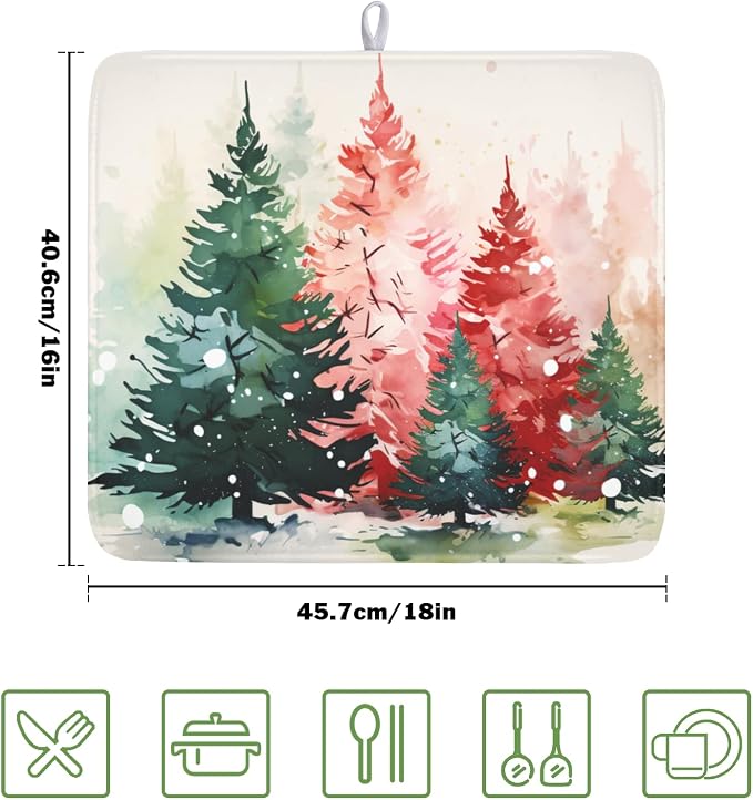 Christmas Dish Drying Mat for Kitchen Counter Xmas Theme Red Green Watercolor Trees Dish Drainer Mat Rustic Farmhouse Winter Holiday Absorbent Washable Drying Pad 16"x18"