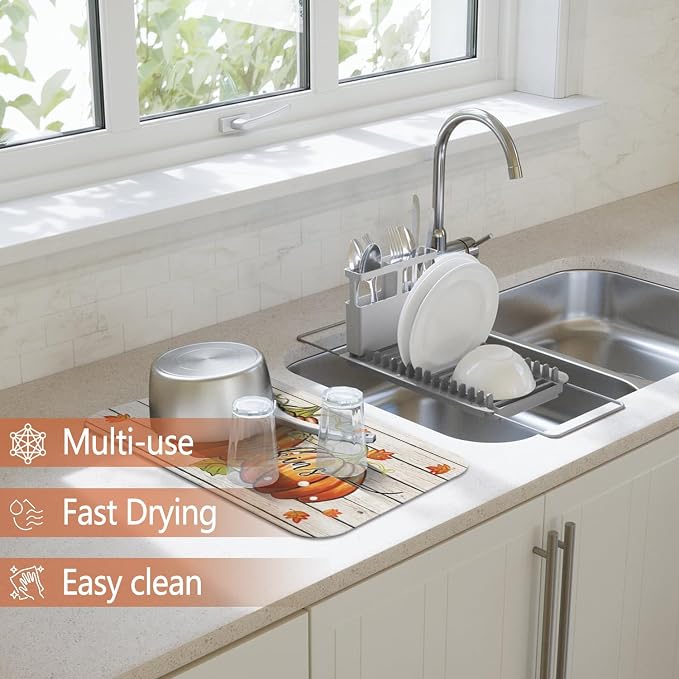Fall Dish Drying Mat 2-Pack Happy Fall Y'all for Kitchen Counter Dishes | Diatom Mud Mats (18x24, 19.5x12"). Non-slip rubber back for kitchen counter, coffee bar & sink scenes
