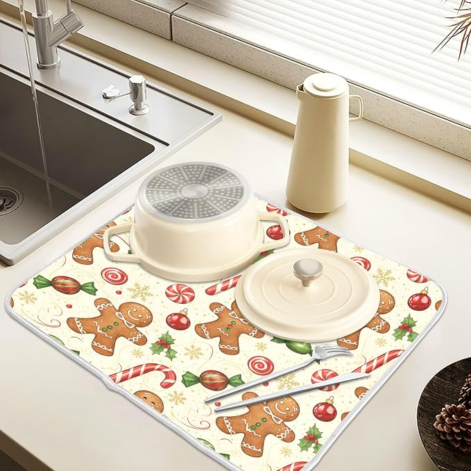 Christmas Gingerbread Cookie Man Sugar Dish Drying Mat for Kitchen Counter Absorbent Microfiber Large Drying Pad Dish Mats for Kitchen Countertops 18 x 24 Inch