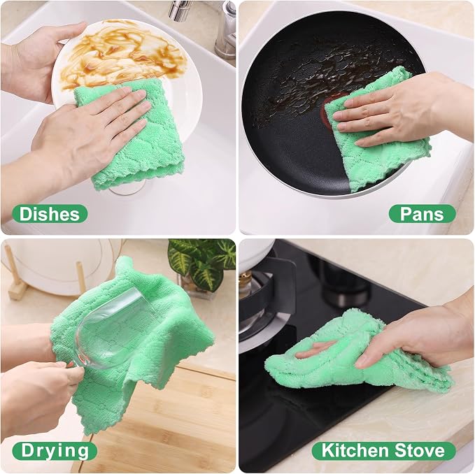 Homaxy 12 Pack Kitchen Dish Cloths (10 x 10 Inches, Green), Super Soft and Absorbent Coral Velvet Dish Towels, Nonstick Oil Fast Drying Microfiber Cleaning Cloth, No Lint Household Dishcloths