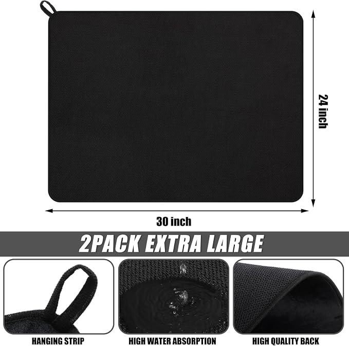 Hushee 2 Pack Extra Large Dish Drying Mat Microfiber Absorbent Dish Drying Pad Large Size Dishes Drainer Mats for Countertop, Sink, Refrigerator or Dryer (30 x 24 Inch,Black)