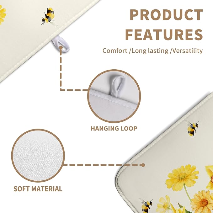Spring Summer Daffodils Dish Drying Mats Spring Yellow Rose Dish Mat Drying Matt Floral Bee Dishes Dryer Pad for Kitchen Counter Absorbent Microfiber Washable Foldable Reusable 18x24 in