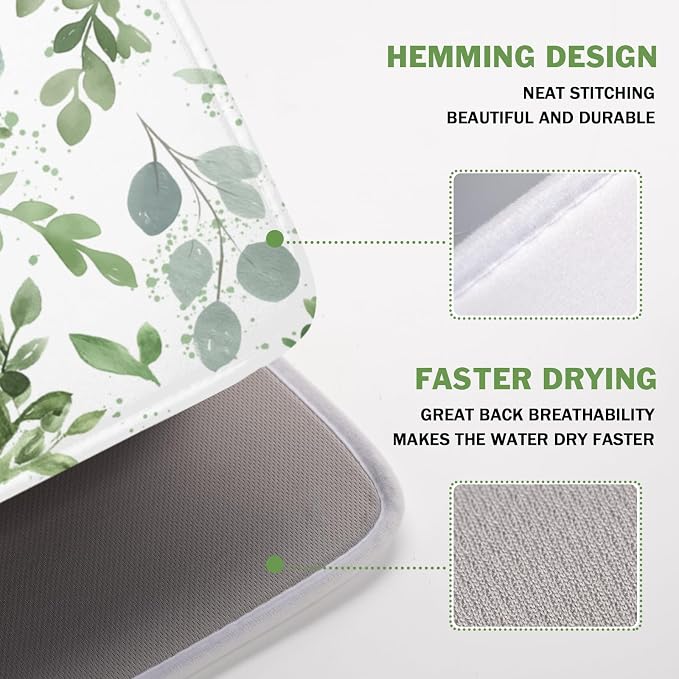 Spring Summer Sage Green Leaves Dish Drying Mat 18x24 Inch | Eucalyptus Leaf，Polyester，Absorbent Microfiber，for Kitchen Coffee Dining Bar Decor