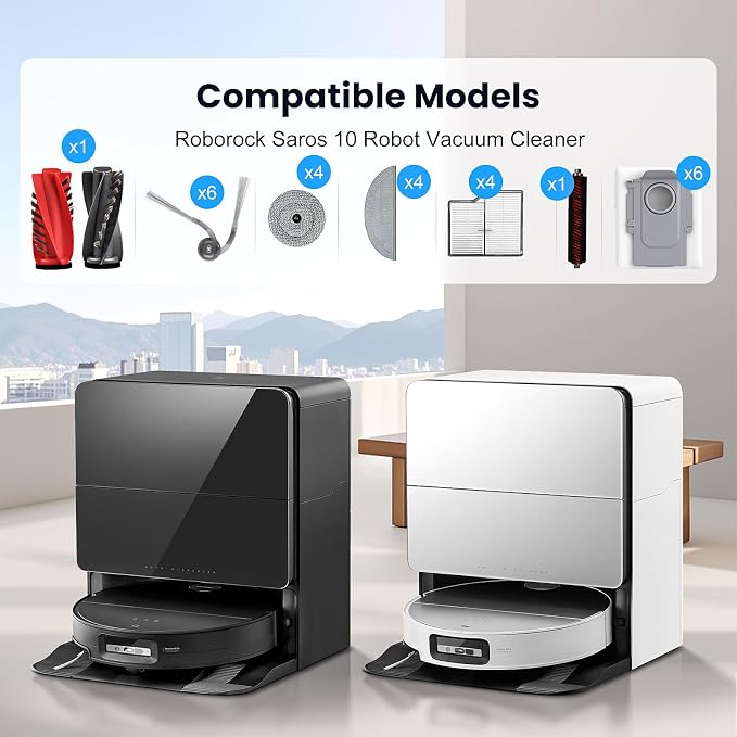 29 Pack Accessories Kit for Roborock Saros 10 Robot Vacuum | 1 Pairs Mainbrush 6 Side Brush 4 Filter 6 Dust Bags 4 Long Mop 4 Small Round Mop 1 Base Station Brush 2 Tools