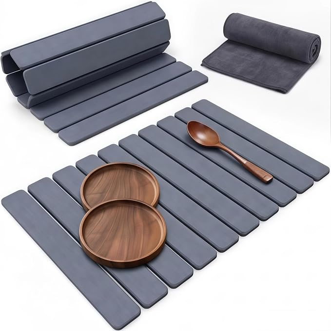 Stone Drying Mat for Kitchen Counter 16x24 Inch, Diatomaceous Dish Drying Mat with Towel Sanding Tool, Fast-Absorbing Quick-Dry Non-Slip Sink Tray ( Grey )