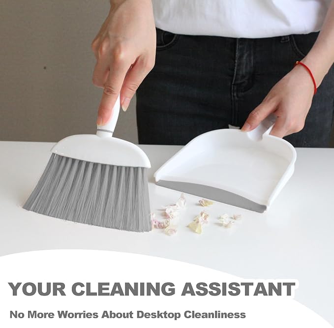 Mini Broom and Dustpan Set Small Broom with Dustpan Combo Set Portable Cleaning Tools for Home Office RV Learning Camping (White+Grey)