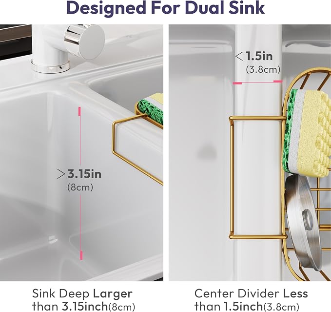 SWTYMIKI Sponge Holder for Kitchen Sink - Movable Kitchen Sink Caddy with M Shape Hook, Stainless Steel Hanging Sponge Caddy for Dish Sponge, Brush, Stopper Organizer in Double Sink, Gold