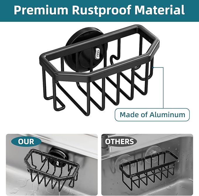 TAILI Sink Caddy with Strong Suction Cup, Sponge Holder for Kitchen Sink Organizer, Removable Sponge Caddy Inside Sink, Rustproof Aluminum Holder for Sponges, Brushes - Black