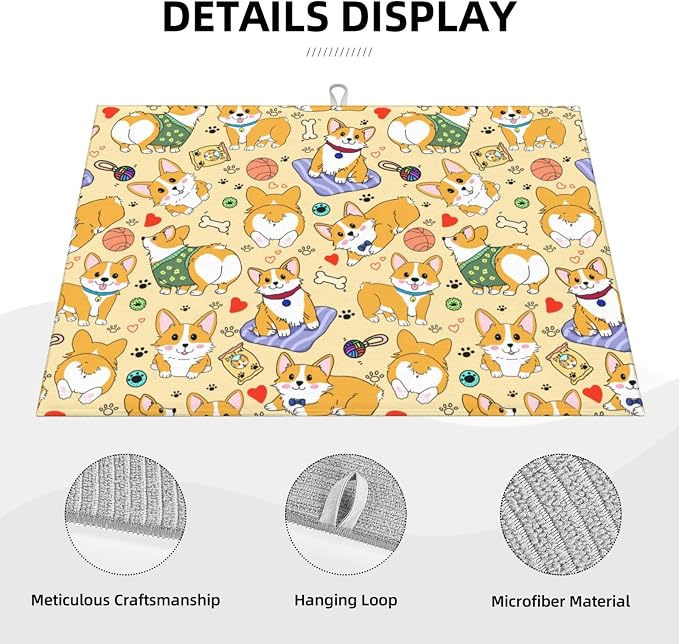 Cute Corgi Dog Dish Drying Mat for Kitchen Counter Cute Kitchen Dish Mat Microfiber Kitchen Countertop Absorbent Reversible Drainer Rack Pad