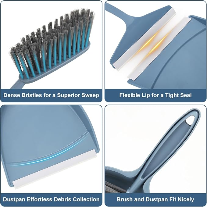 Hand Broom and Dustpan with Squeegee,Mini Dust Pan and Brush Set with a Scraper for Quick Cleanups,3-Piece Wall Mountable Cleaning Tools for Particles,Little Messes,Hair,Crumb