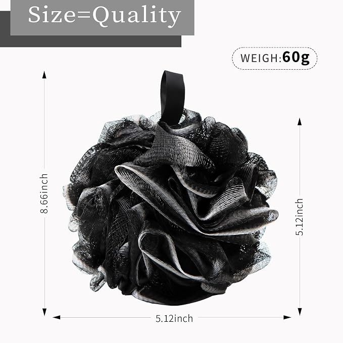 BCKENEY Bath Loofah Shower Sponge Body Back Scrubber Soft Mesh Shower Puffs Exfoliating Loofa for Women & Men Bath Accessories Cleaning Tool (4Pack 60G Black, Charcoal Black)