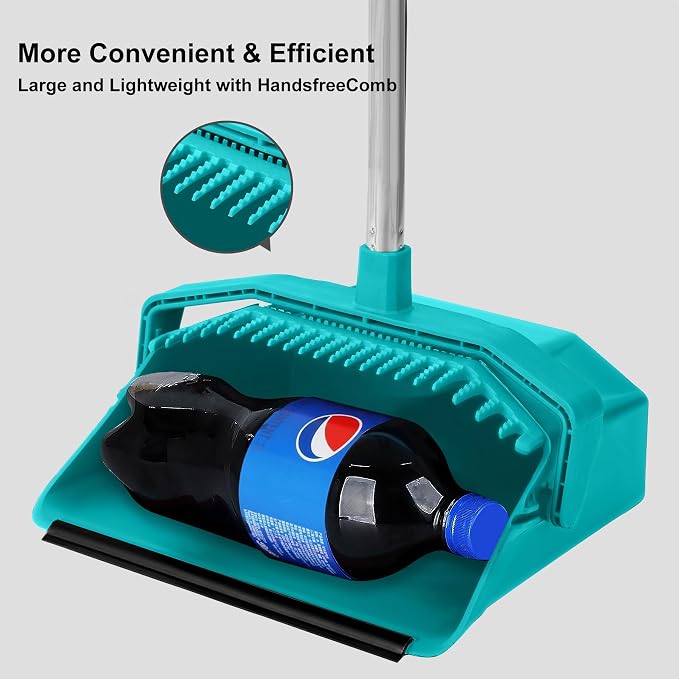 Broom and Dustpan Set for Home, 51" Long Handle Standing Dustpan Blue | Self-Cleaning Dust Pan and Brooms, ZeroGap Lip, Upright Storage Broom Combo for Kitchen Lobby Office Restaurant Indoor