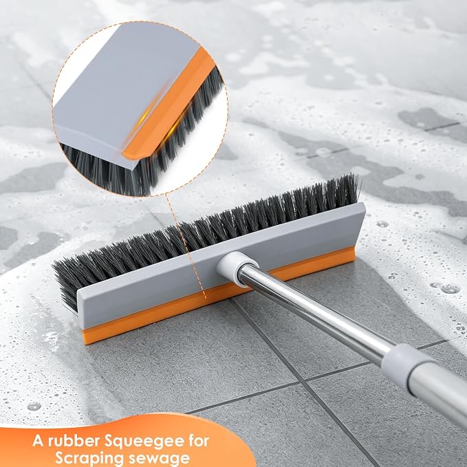 Floor Scrub Brush with 45" Long Handle, 2-in-1 Heavy-Duty Scrub Brush Broom | Stiff Bristle Scrubbing Brushes with Scrape Squeegee for Cleaning Bathroom, Kitchen, Patio, Pool, Garage, Tile, Wall, Deck