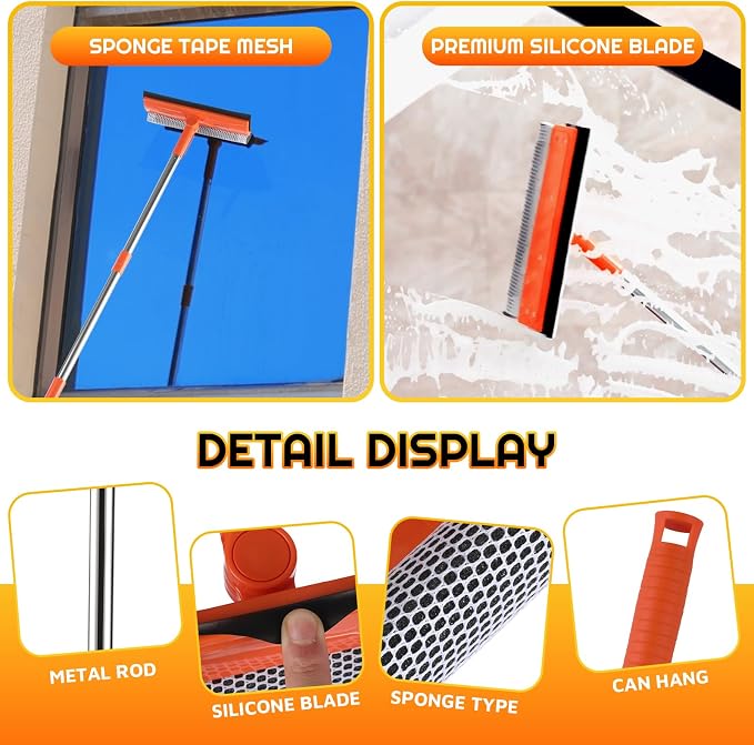 2-in-1 Window Squeegee with 62" Pole — Streak-Free & Sponge Scrubber | No ladder for high windows, skylights, shower doors, car & RV windshields, tile. Orange. Stainless pole sponge scrubber.