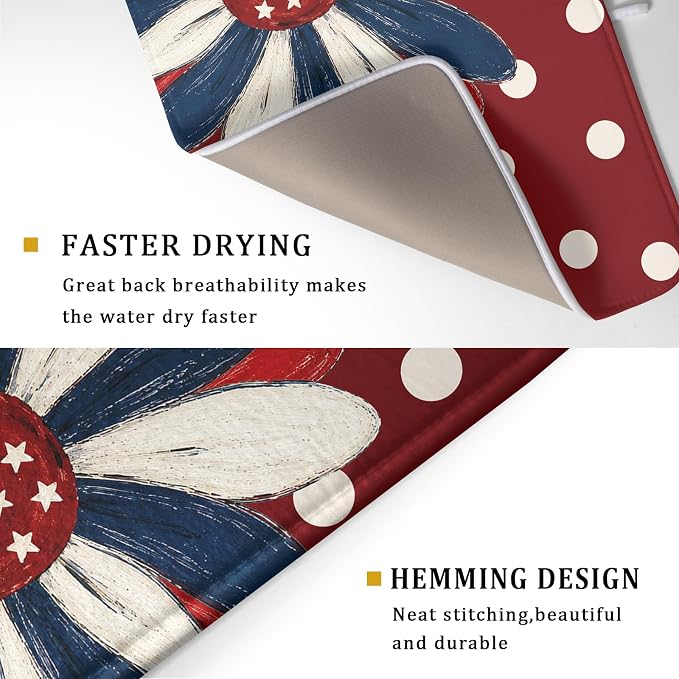 Patriotic Dish Drying Mat 18x24 In Red and Blue Daisy Microfiber Kitchen Draining Mat for Countertops