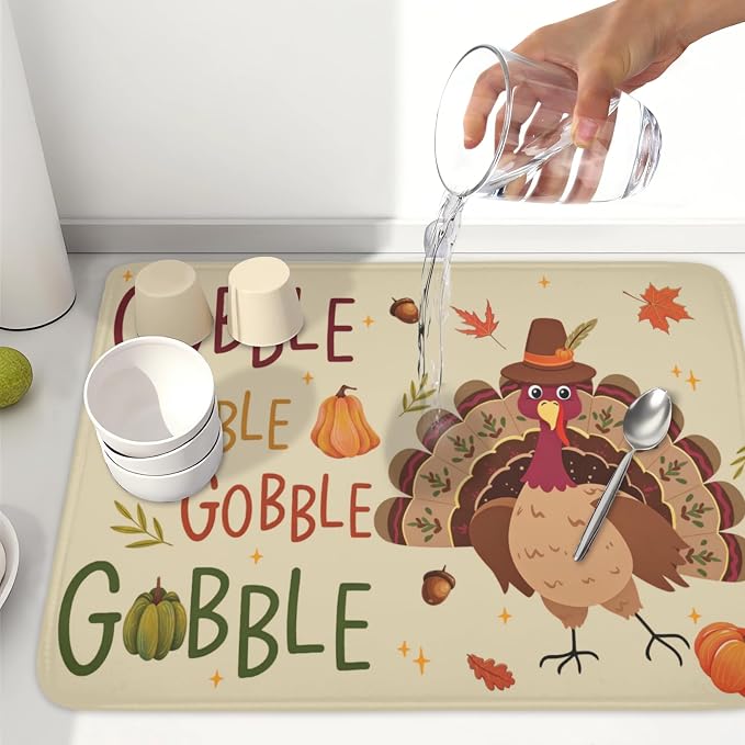 Thanksgiving Turkey Dish Drying Mat for Kitchen Counter 18x24 Inch Pumpkin Dish Drainer Mat Absorbent Microfiber Gobble Dish Rack Pad for Fall Holiday Coffee Dining Bar Decor