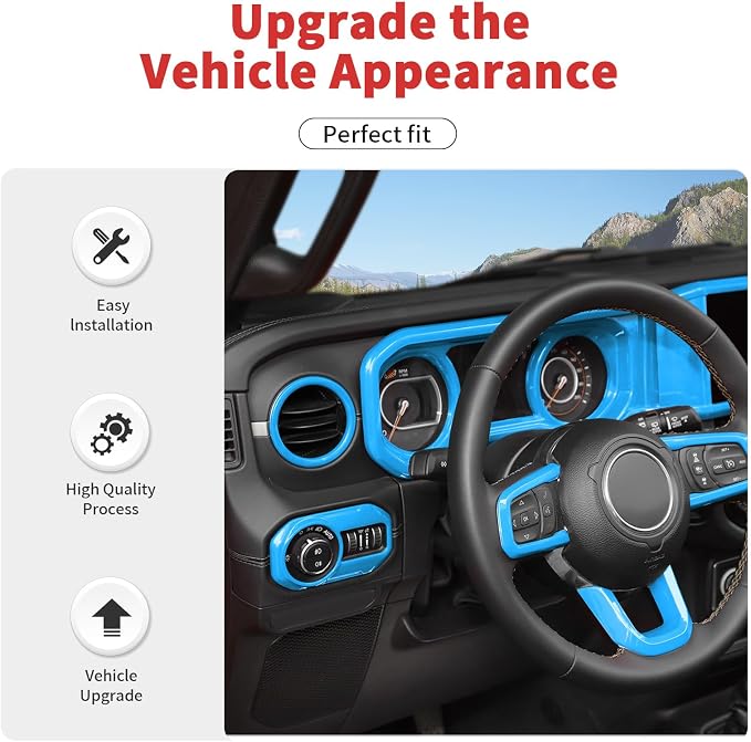 21PCS Full Set Interior Trim Kit for 2024-2026+ Jeep Wrangler JL JLU & Jeep Gladiator JT, Dashboard Side Outlet Door Handle Bowl Headlight Switch Roof Reading Light Cover (Light Blue)