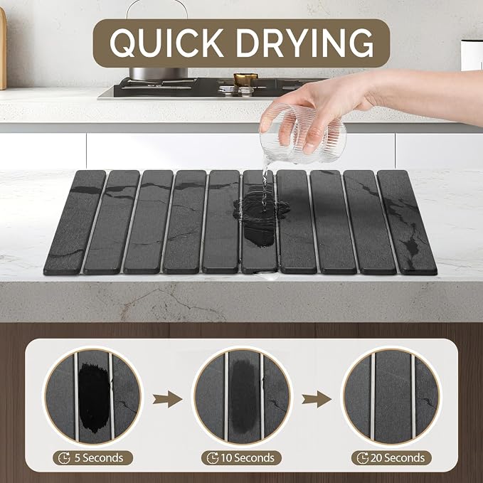Stone Dish Drying Mat, Large Foldable Stone Drying Mat for Kitchen Counter & Bathroom, Quick Dry Organizer Pad Suitable for Plate Rack Utensils, Apartment Home Essentials Decor (Dark Gray 24"×16")