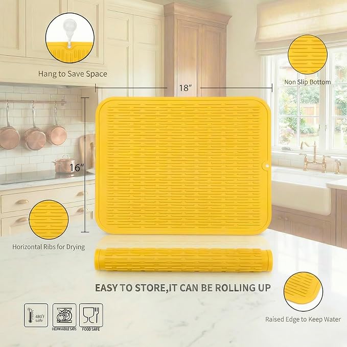 MicoYang Silicone Dish Drying Mat for Multiple Usage,Easy clean,Eco-friendly,Heat-resistant Silicone Mat for Kitchen Counter or Sink,Refrigerator or Drawer Liner Yellow XL 18 inches x 16 inches