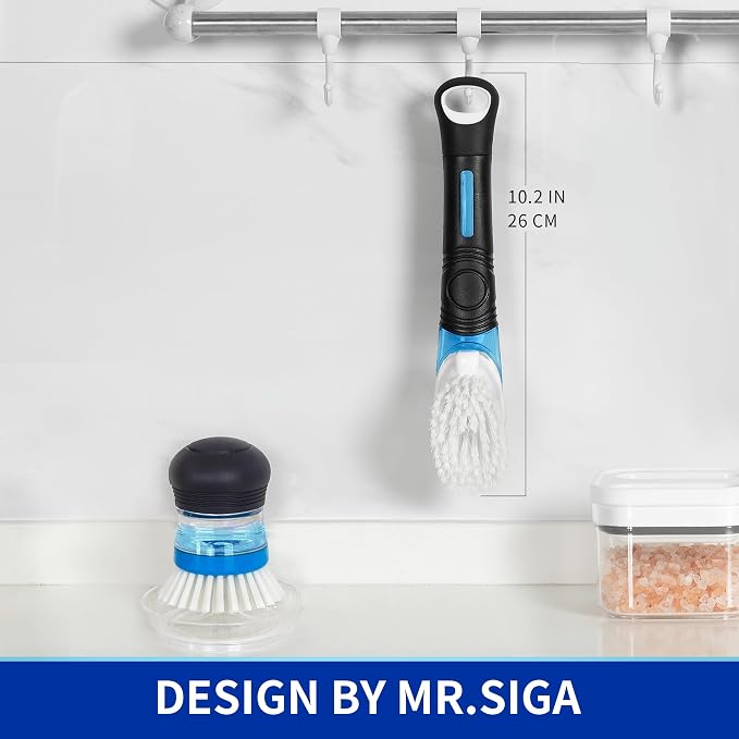 MR.SIGA Soap Dispensing Dish Brush, Kitchen Brush for Pot Pan Sink Cleaning, Black, Pack of 2