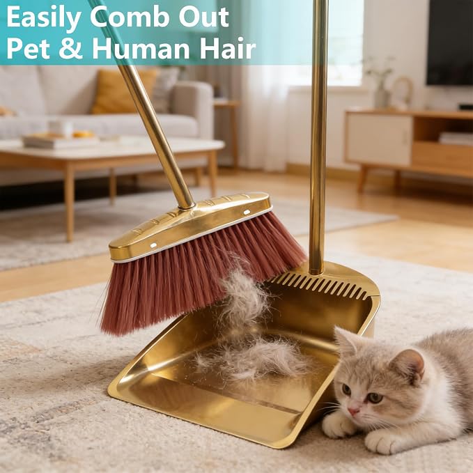 Broom and Dustpan Set Heavy Duty, Gold Stainless Steel Broom with Dustpan Combo Set, Long Handle Upright Metal Dust Pan with Comb Teeth for Pet Hair, Home, Kitchen and Office (Golden Teeth)