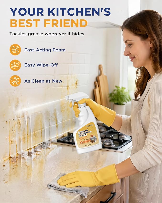 Heavy Duty Kitchen Degreaser Spray, All-Purpose Grease Cleaner for Range Hood, Stove, Countertop, Microwave & Backsplash, Non-Corrosive Safe Formula with Foam Sprayer, 16.9 Fl Oz * 2PCS