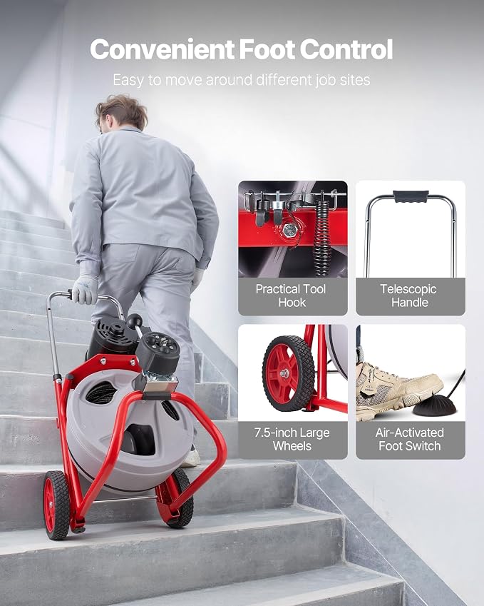 VEVOR Drain Cleaner Machine 75 FT x 3/8 Inch, Auto Feed Sewer Snake Drain Auger on Wheels, Portable Drain Cleaning Machine with 8 Cutters & Air-Activated Foot Switch for 2" to 4" Pipes