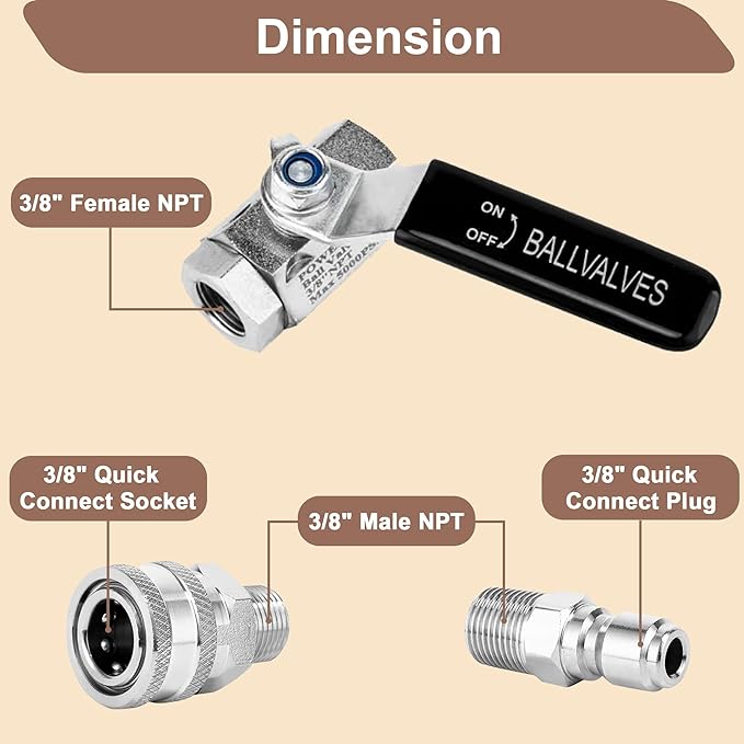 POWER TOWN Ball Valve Pressure Washer, 3/8 Inch Quick Connect 5000 PSI | Shut Off Valve for High Pressure Washer Hose, Stainless Steel
