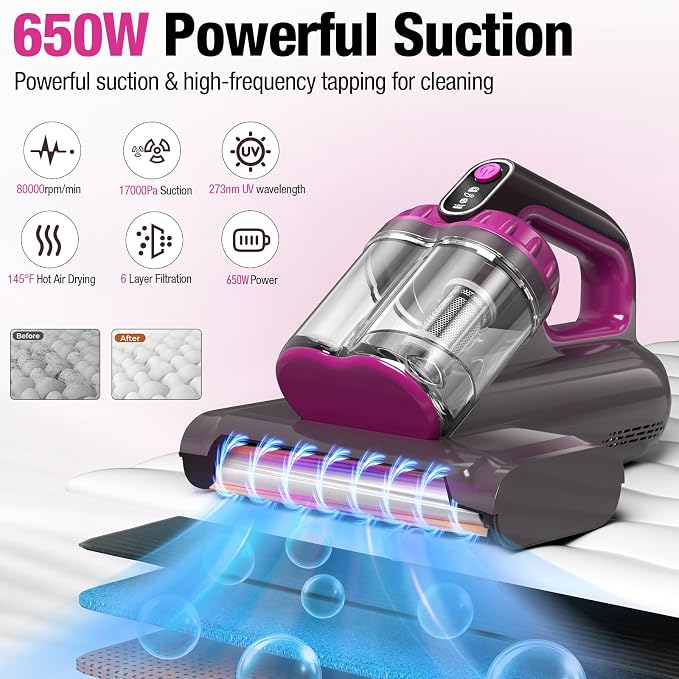 BYHUME Mattress Vacuum Cleaner, 17Kpa 650W Bed Vacuum Cleaner, 273nm UV-C Light & Ultrasonic 145°F Heating, 80000 RPM/Min Brushroll Rotation, Wide Suction Port for Pillows Cribs Sofa, Black Corded