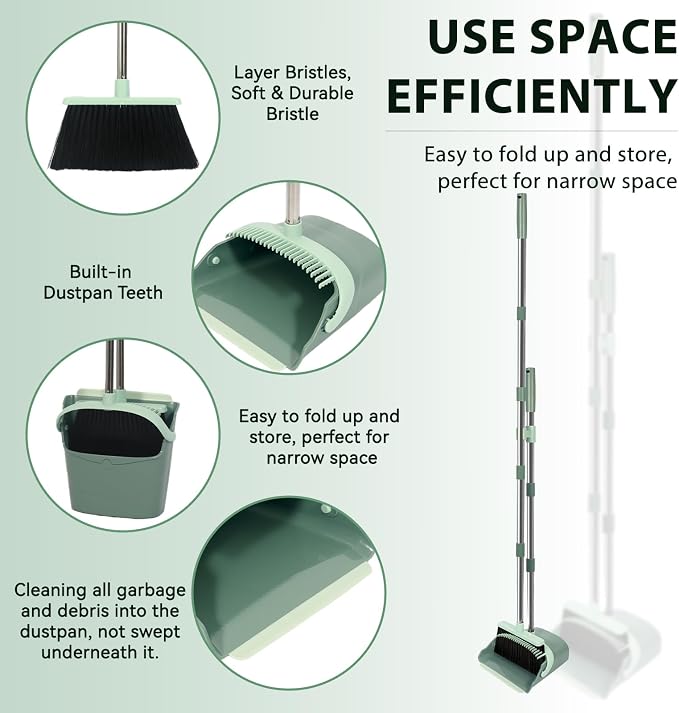 YZO Broom and Dustpan Set, 54.33 Inch Long Handle Standing Design, Dustpan Front Rubber Tight Seal, Broom with 5 Layer Bristles, Suitable for Living Room, Bedroom, Yard, Office (Green)