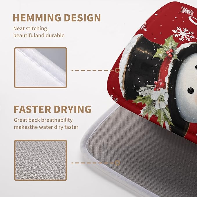 Snowman Christmas Dish Drying Mat Winter Drying Mats for Kitchen Counter Xmas Holiday Red Dish Draining Mat Microfiber Absorbent Reusable Dish Rack Pad 16x18 Inch