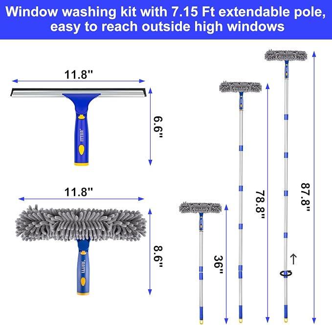 ITTAR Window Squeegee with 88 Inch Extension Pole, Rotatable Window Cleaning Kit with Long Handle, Rubber Blade & Microfiber/Chenille Pads Glass Cleaner Tool for Outdoor Windows, Glass, Car