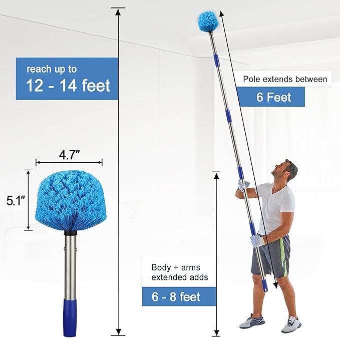 Cobweb Duster with Extension Pole - 6 FT Lightweight Stainless Steel Extendable Duster Ceiling Fan Duster for High Ceilings, Medium Stiff PET Bristle Spider Web Brush for Indoor/Outdoor Cleaning