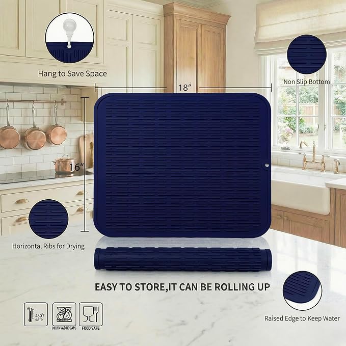 MicoYang Silicone Dish Drying Mat for Multiple Usage,Easy clean,Eco-friendly,Heat-resistant Silicone Mat for Kitchen Counter or Sink,Refrigerator or Drawer Liner Navy Blue XL 18 inches x 16 inches