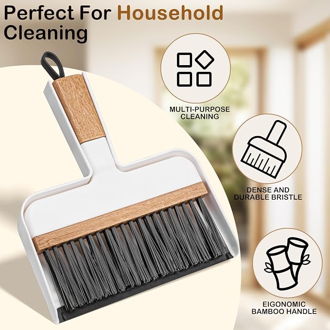 ThinkLearn Mini Dustpan and Brush Set, Bamboo Handle with Rubber Lip | Small Handheld Cleaning Set for Tight Spaces, Small Broom Dustpan for Home Car Camping