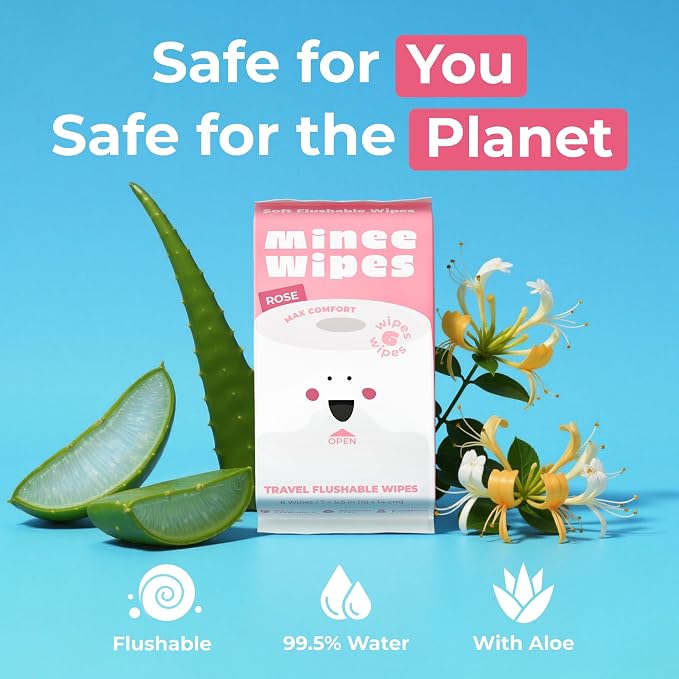 Impossibly Compact Travel Flushable Wipes - 99.5% Water and Aloe - Safe for Sensitive Skin - Travel Essentials for Adults & Kids, Rose, 8 Pack 48 Wipes