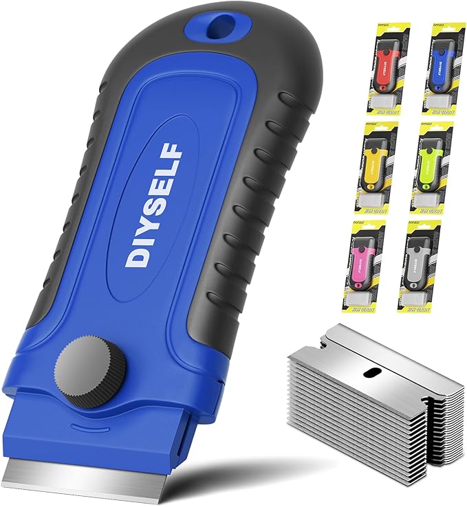 DIYSELF Razor Scraper with 15 Extra Razor Blades, Stove Top Cleaner Tool | Paint Scraper for Stickers, Labels, Glue and Residue on Glass, Metal and Tile, Razor Scraper with Built-In Blade Storage