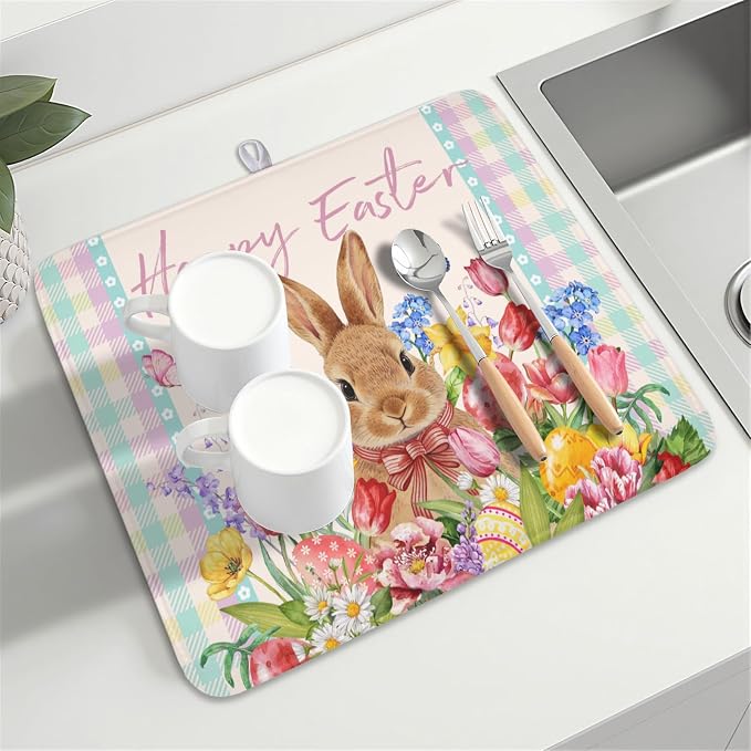 Easter Bunny Dish Drying Mat for Kitchen Counter Happy Easter Rabbit Floral Colorful Buffalo Plaid Microfiber Dish Drainer Mat Absorbent Washable Drying Pad 16"x18"