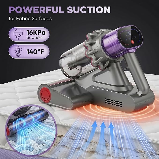 SakerPlus Mattress Vacuum Cleaner, Bed Vacuum with Smart Dust Sensor, Strong Suction, Dual Dust Cup and Washable Rolling Brush for Bed, Mattress, Sofa, Couch and Pet Hair