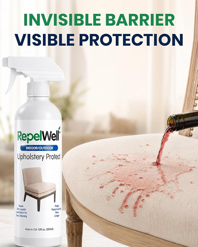 RepelWell Non Toxic Fabric Protector Spray for Upholstery & Furniture,12 oz | Helps repel water, coffee, wine, food, dirt and everyday spills from upholstery.