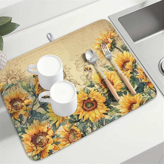 Sunflower Dish Drying Mat for Kitchen Counter Vintage Yellow Sunflowers Microfiber Dish Drainer Mat Spring Summer Watercolor Floral Absorbent Washable Drying Pad Extra Large 18"x24"