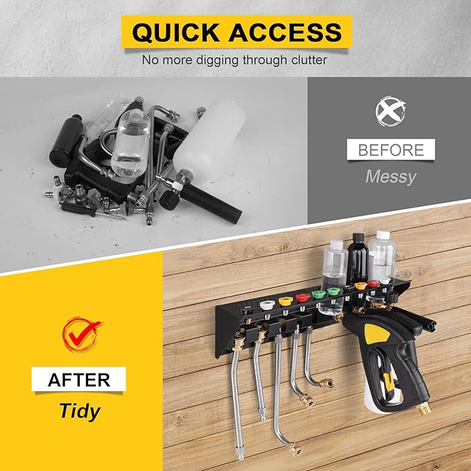 Pressure Washer Gun & Foam Cannon Holder with 1/4" Quick Connector | Wall Mount Organizer For Pressure Washer Tools, 10 Nozzle Slots, Secure Foam Cannon Storage, Rust-Resistant Metal Design