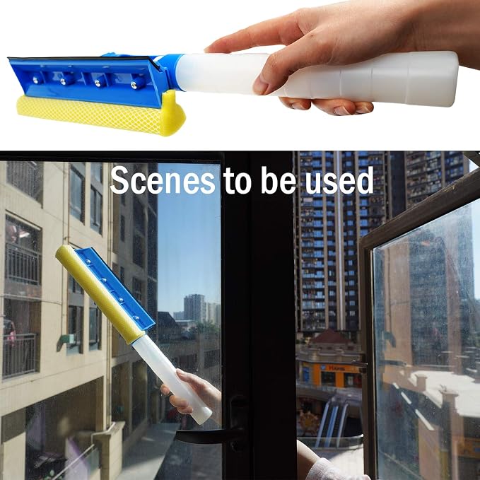 Car Window Cleaner Squeegee with Sponge and Rubber Blade Cleaning Tool Wiper with Spray Bottle 3 in 1 Multipurpose | for Indoor and Outdoor, Home, Car Window, Glass (1 Pack)