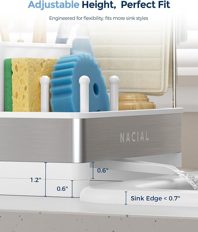 Nacial Sponge Holder for Kitchen Sink, Sink Caddy Organizer with High Brush Holder & Two Towel Racks - Rustproof 304 Stainless Steel Kitchen Countertop Storage Essentials - White