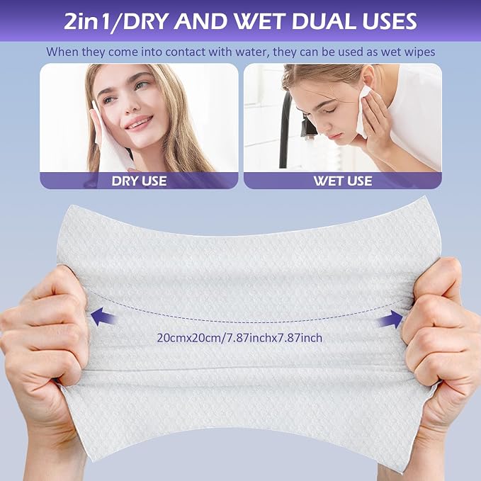 Disposable Face Towel 200 Count, Face Towels, Soft Cotton Dry Wipes Facial Cloths Towelettes for Washing and Drying, Facial Tissue for Cleansing, Skincare and Makeup Remover