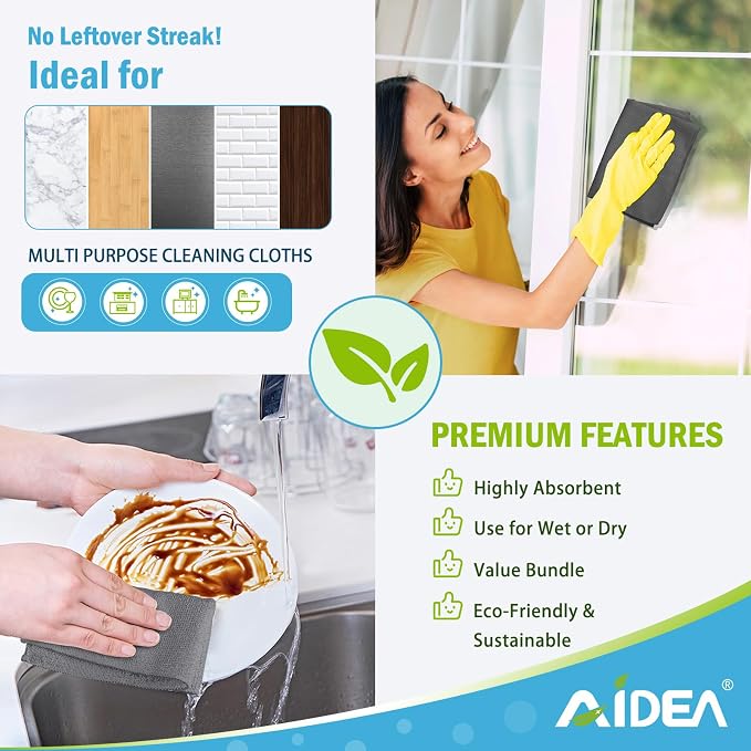 AIDEA Microfiber Cleaning Cloth Grey-100PK, Soft Absorbent Rags, Microfiber Towels for Cars, Kitchen Towels, Dusting Cloth for Home, Window, Cleaning Supplies, 12"×12"